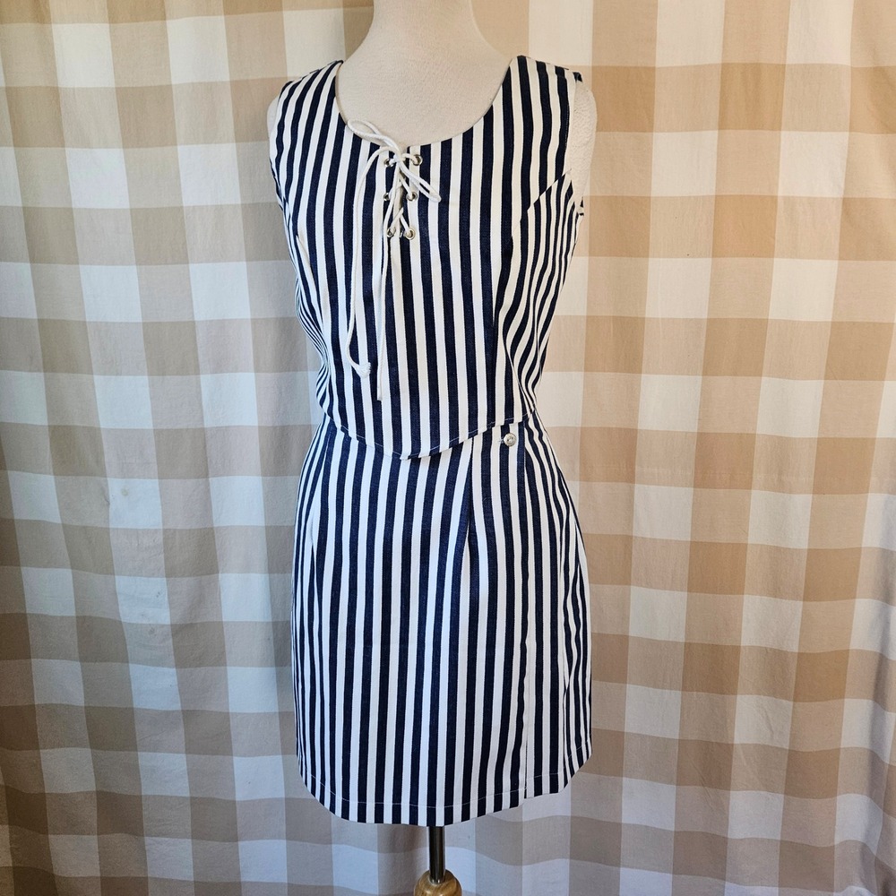 Vtg 90s BANJO Dallas Texas Navy White Stripe Lace Up Top Mini Skirt Set‎ Medium